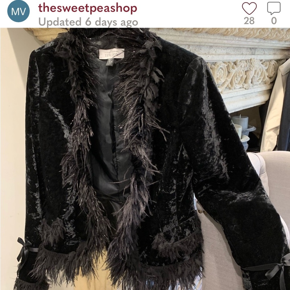 Teri Jon Rickie Freeman Black Ostrich Feather Velvet Jacket sz 6 For @mcclemmyk